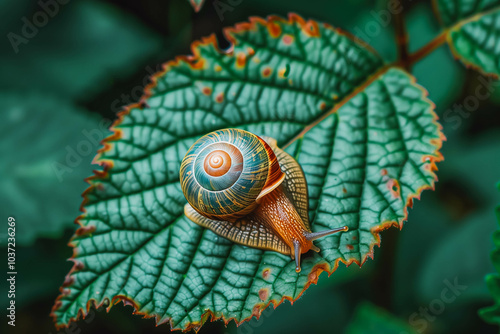 Small plant eating snail on green leaf in the forest photo