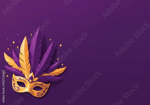 Festive mardi gras mask adorned with vibrant purple and gold feathers is creating a celebratory mood photo