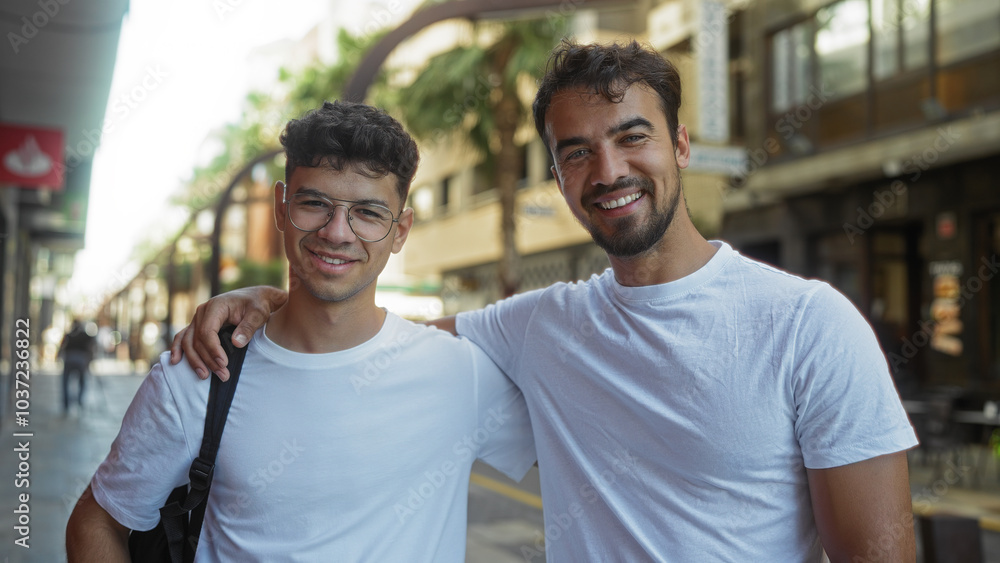 Father and son pose together smiling on a city street, representing family love and connection in an urban outdoor setting with a hispanic background Father and son pose together smiling on a city street, representing family love and connection in an urban outdoor setting with a hispanic background
