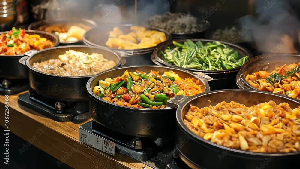 A variety of steaming dishes sit on a wooden counter in a restaurant kitchen A variety of steaming dishes sit on a wooden counter in a restaurant kitchen
