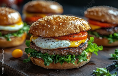 Delicious gourmet burgers with lettuce, tomato, and fried egg served on wooden platter