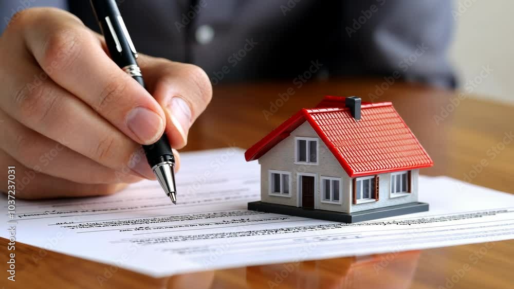 A person is signing a document with a pen, with a model house sitting on the document