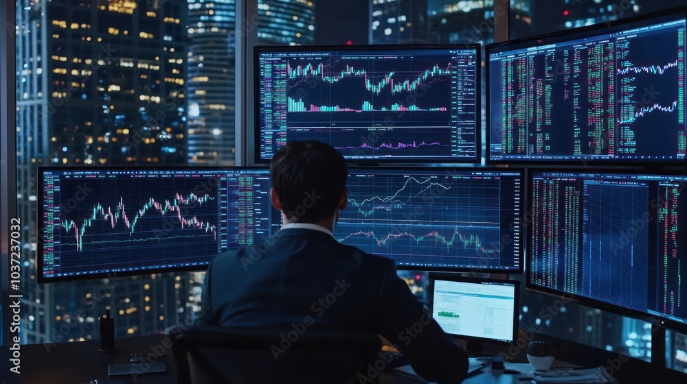A trader analyzes market data on multiple screens in a city office at night. A trader analyzes market data on multiple screens in a city office at night.