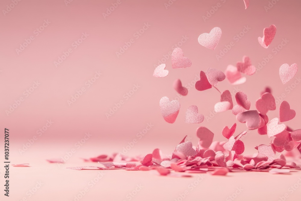 Pink confetti hearts falling and creating a pile on a pink background Pink confetti hearts falling and creating a pile on a pink background
