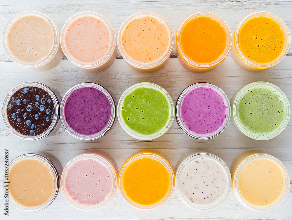 Selection of colorful smoothies on rustic wood background Selection of colorful smoothies on rustic wood background