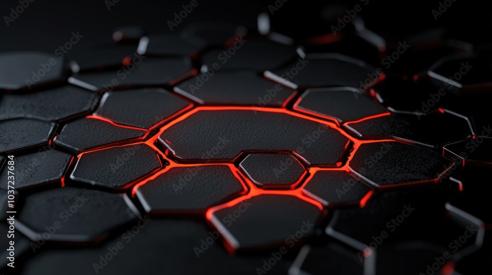 Fototapeta premium Abstract hexagonal pattern with glowing red accents on a dark background.