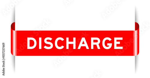 Red color inserted label banner with word discharge on white background
