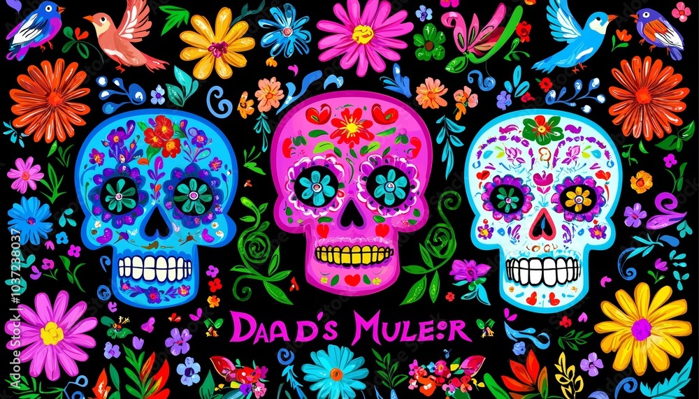A traditional Dia de los Muertos scene with a candle-lit altar covered in marigolds, sugar skulls, and bread. A traditional Dia de los Muertos scene with a candle-lit altar covered in marigolds, sugar skulls, and bread.