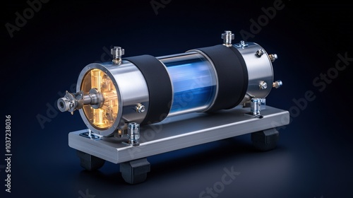 Advanced mechanical device with clear casing and glowing elements, isolated view. photo