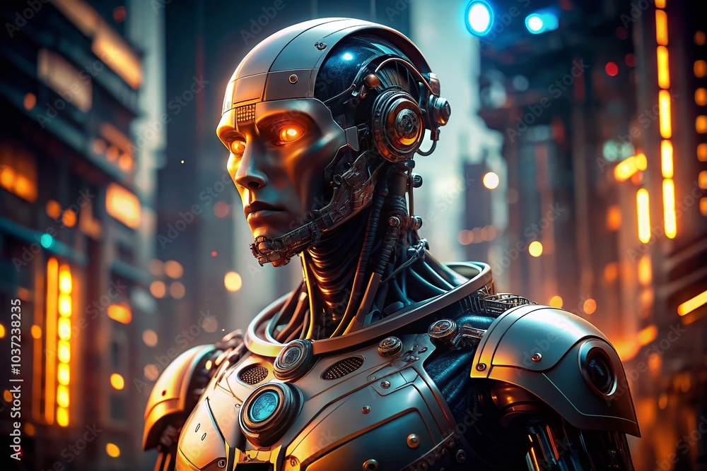 Futuristic Humanoid Robot in Low Light Setting - High-Tech Design and Sleek Aesthetics Futuristic Humanoid Robot in Low Light Setting - High-Tech Design and Sleek Aesthetics