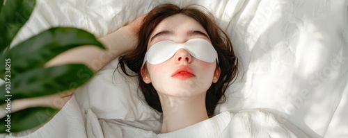 A tranquil bedroom scene where a woman enjoys a peaceful nap with an eye mask, surrounded by soft bedding. photo