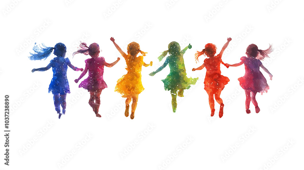 Silhouettes of seven colorful, joyful children dancing in row, each in different vibrant hue, creating lively and playful scene Silhouettes of seven colorful, joyful children dancing in row, each in different vibrant hue, creating lively and playful scene