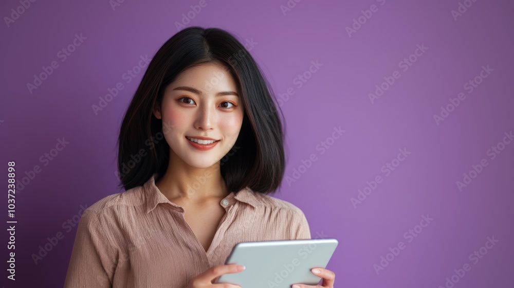 Young Woman Smiling While Holding a Tablet Young Woman Smiling While Holding a Tablet