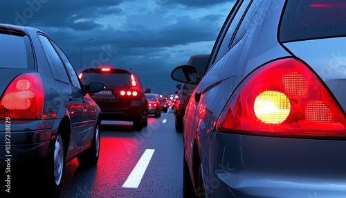 A view from the driver's seat during a slow-moving traffic jam on a busy highway. photo