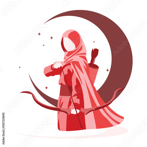 Standing Brave Muslimah Archery Mujahidin Islamic War Vector Flat Design Illustration I