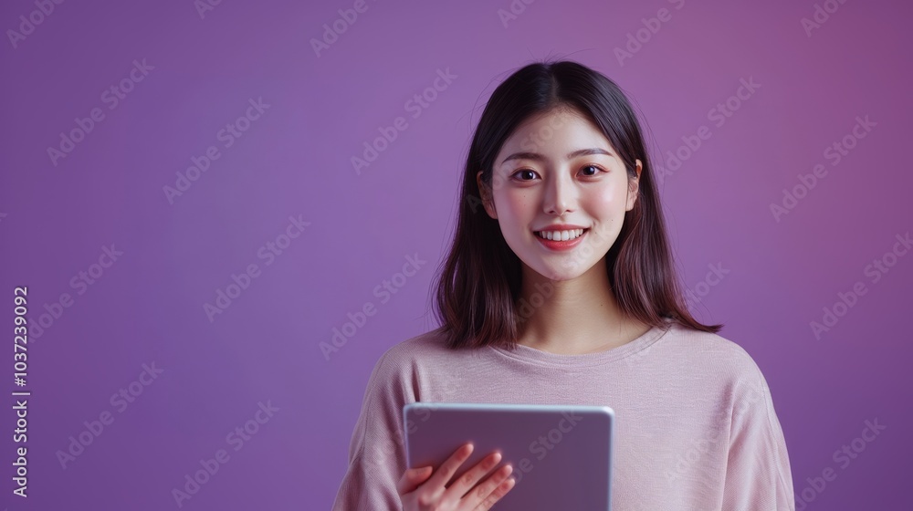 Young Woman Holding Tablet and Smiling in Studio Light Young Woman Holding Tablet and Smiling in Studio Light