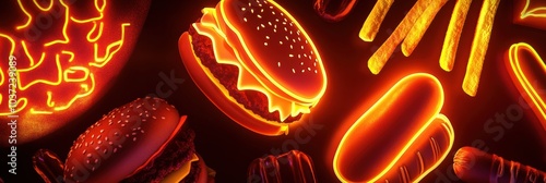 Bright neon designs showcase iconic fast-food items like burgers, hot dogs, and fries against a contrasting dark backdrop. Generative AI photo