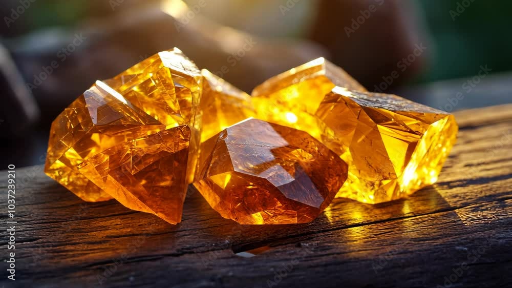 A group of golden citrine crystals sit on a piece of weathered wood, catching the afternoon sun A group of golden citrine crystals sit on a piece of weathered wood, catching the afternoon sun