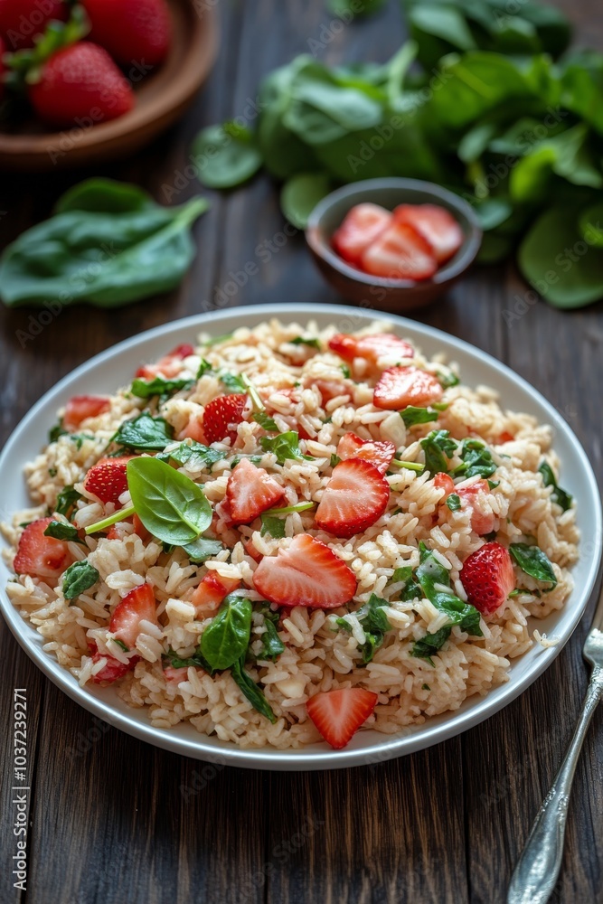 Fresh strawberry salad with rice and basil served on a wooden table with a side of berries Fresh strawberry salad with rice and basil served on a wooden table with a side of berries