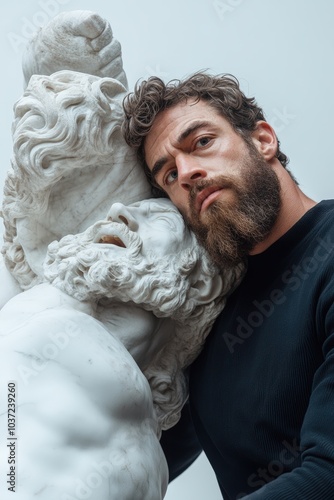 Man poses closely with a marble statue of a Greek hero in a modern art gallery setting photo