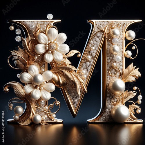 M. The letter of the Latin alphabet in the form of a luxurious openwork jewelry made of gold, decorated with precious stones, diamonds and pearls. On a black background.