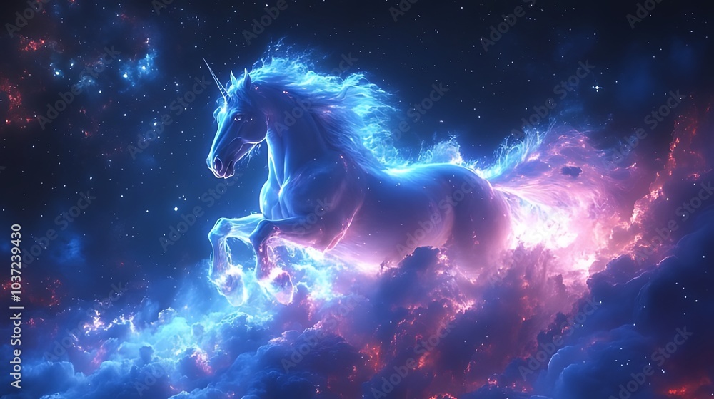 A white unicorn with a glowing mane and tail leaps through the clouds in a starry night sky.