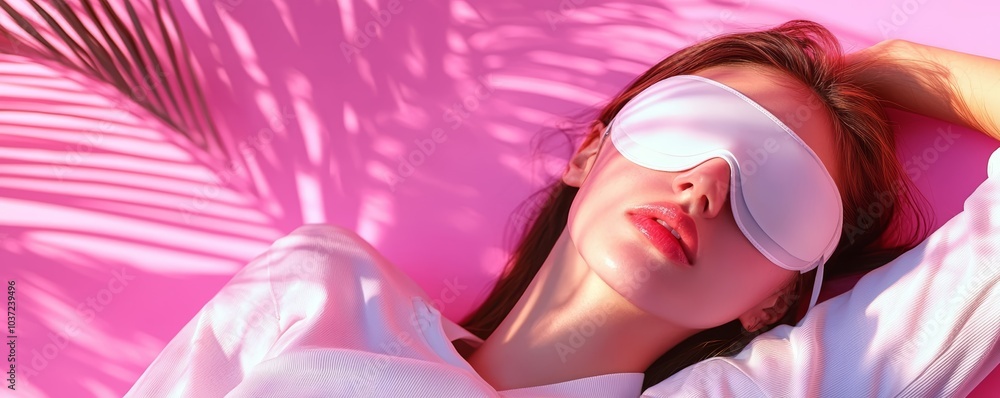 A woman lying down for a restful nap, using an eye mask to create a calming and darkened space. A woman lying down for a restful nap, using an eye mask to create a calming and darkened space.