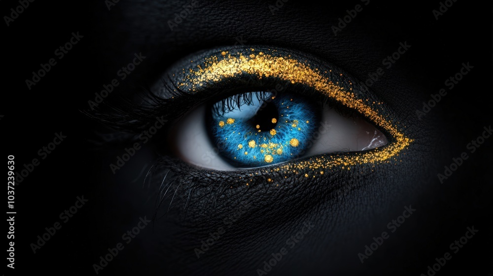 Close-up of a captivating eye with vibrant blue color and golden makeup highlights. Close-up of a captivating eye with vibrant blue color and golden makeup highlights.