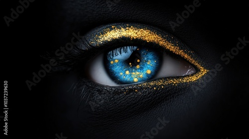 Close-up of a captivating eye with vibrant blue color and golden makeup highlights.