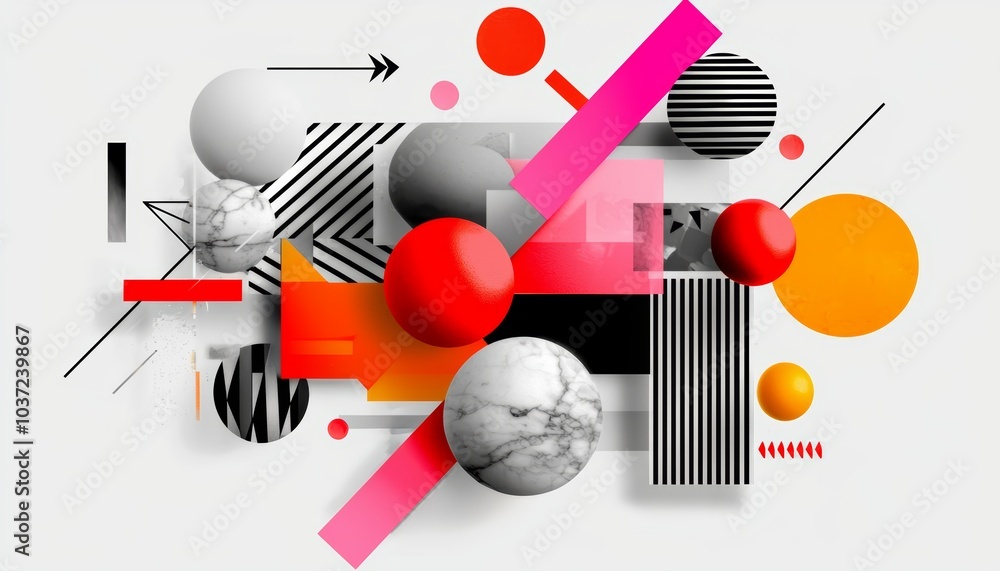 Fototapeta premium An eclectic mix of geometric shapes, arrows, and fragmented imagery, combining retro patterns with modern aesthetics.