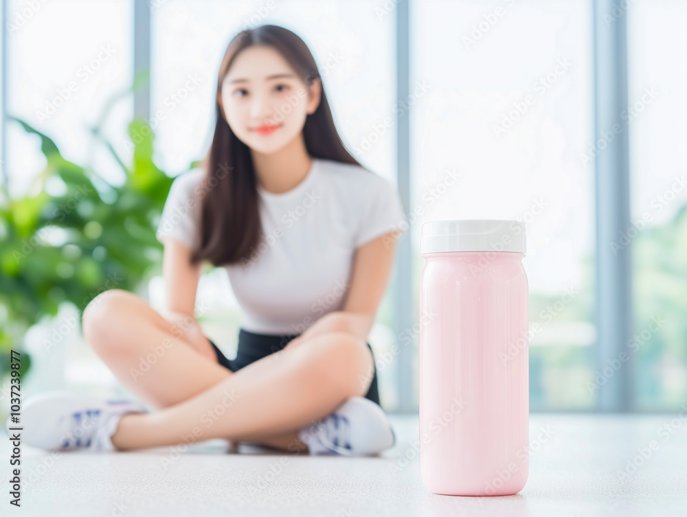 Sport woman sitting and resting after workout or exercise in fitness gym with protein shake or drinking water on floor. Relax concept. Strength training and Body build up theme. Warm and cool tone Sport woman sitting and resting after workout or exercise in fitness gym with protein shake or drinking water on floor. Relax concept. Strength training and Body build up theme. Warm and cool tone