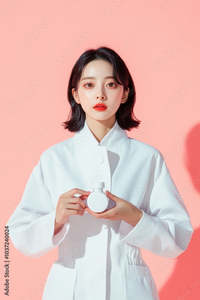 Young woman in a white coat holding a cosmetic bottle against a pink backdrop