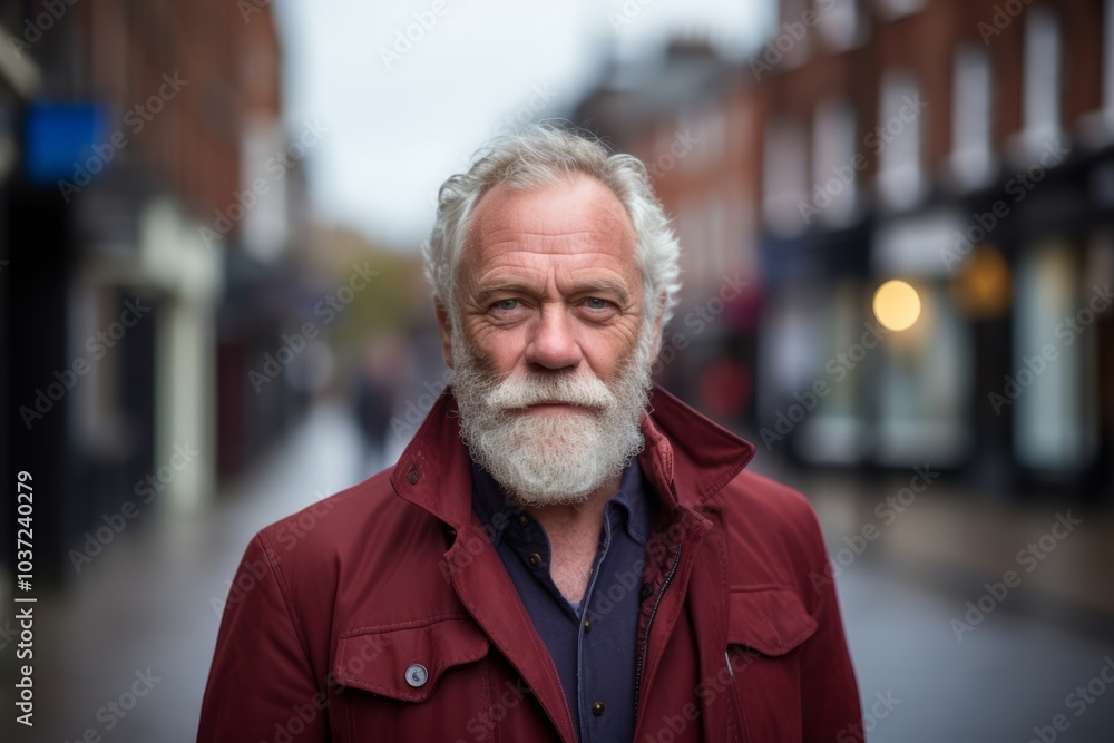 Portrait of a handsome senior man with grey beard in a red jacket. Portrait of a handsome senior man with grey beard in a red jacket.