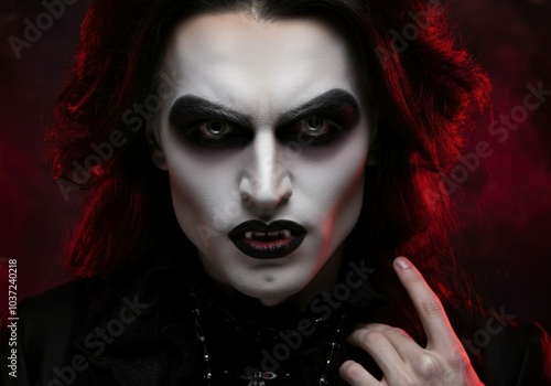 Gothic man with vampire makeup is posing in the dark with red lighting