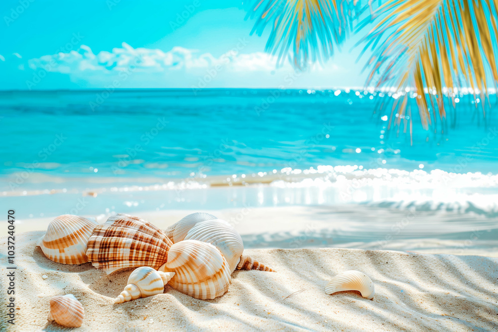 Sunny tropical beach with turquoise water, summer holidays vacation background, seashells in sand, palm tree on the beach Sunny tropical beach with turquoise water, summer holidays vacation background, seashells in sand, palm tree on the beach
