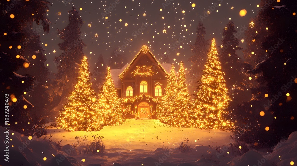 A Cozy Christmas Cabin Illuminated by Twinkling Lights in a Snowy Forest A Cozy Christmas Cabin Illuminated by Twinkling Lights in a Snowy Forest