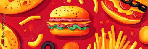Wallpaper Mural Stylized fast food icons of burgers, pizza, and fries are creatively arranged against a vibrant background, showcasing a fun culinary theme. Generative AI Torontodigital.ca