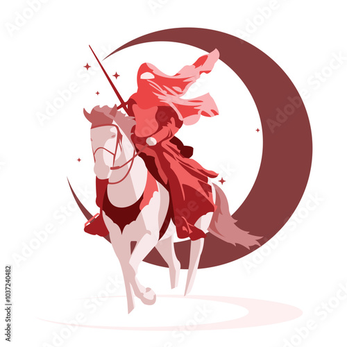 Holy Knight Swordswoman Ride Warhorse Islamic Warrior Arabian War Vector Design Illustration I