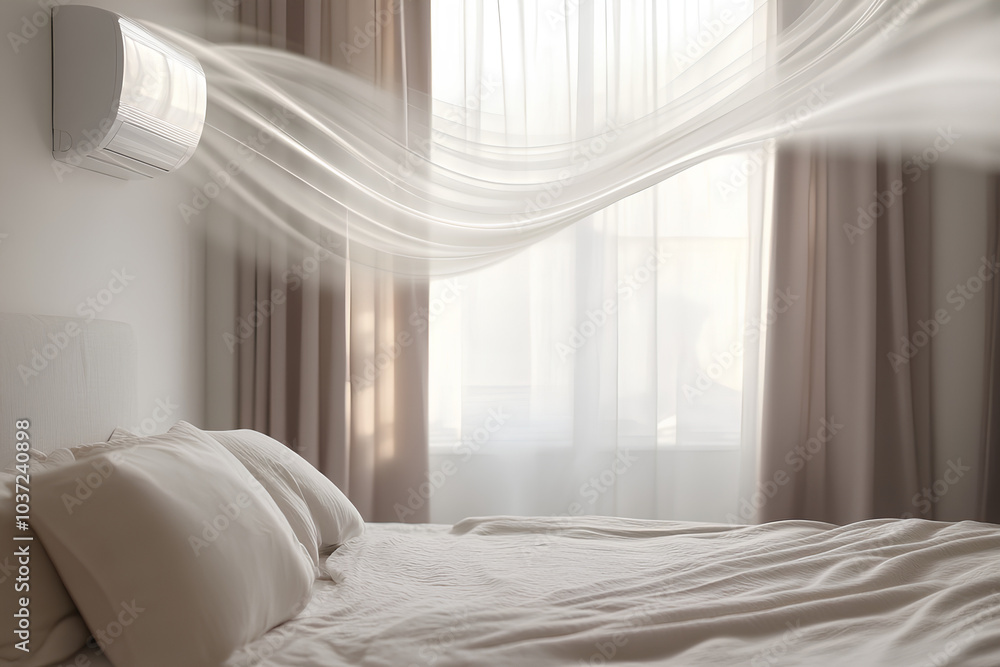 Bed with two pillows and a white curtain Bed with two pillows and a white curtain