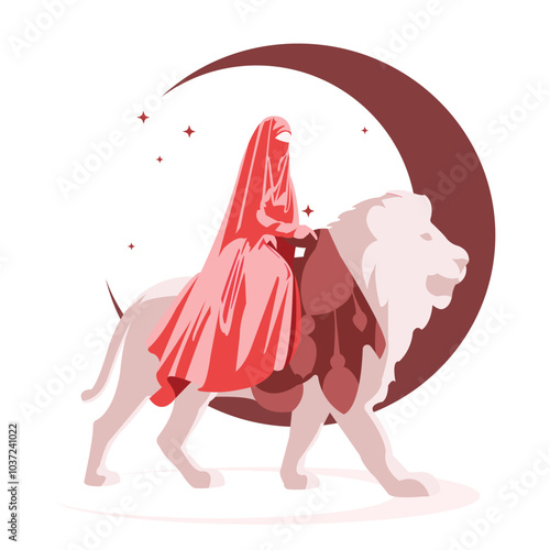 Brave Brave Muslimah Ride Lion War Mujahidin Islamic Vector Flat Design Illustration
