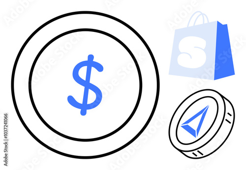 Two coins with dollar and arrow symbols along with a shopping bag create a financial theme. Ideal for e-commerce, investment, savings, financial growth, and economic analysis. Simple line style