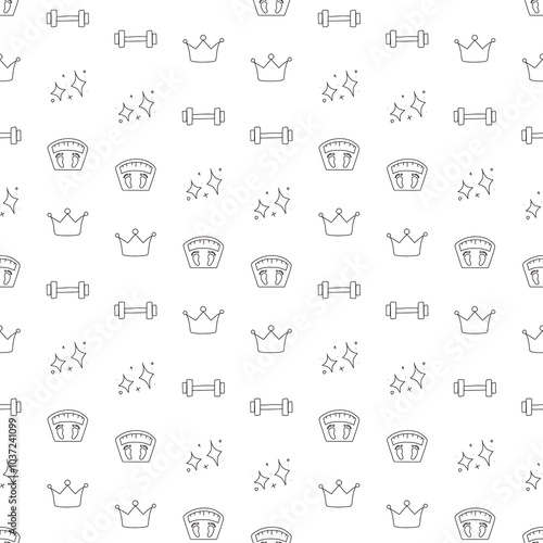 Seamless cute background with doodles of diet, exercise, scales, weights, barbells, crowns, and glitter patterns. 다이어트, 운동, 체중계, 역기, 바벨, 왕관, 반짝 패턴이 낙서하듯 그려진 이음새 없는 귀여운 배경지 photo