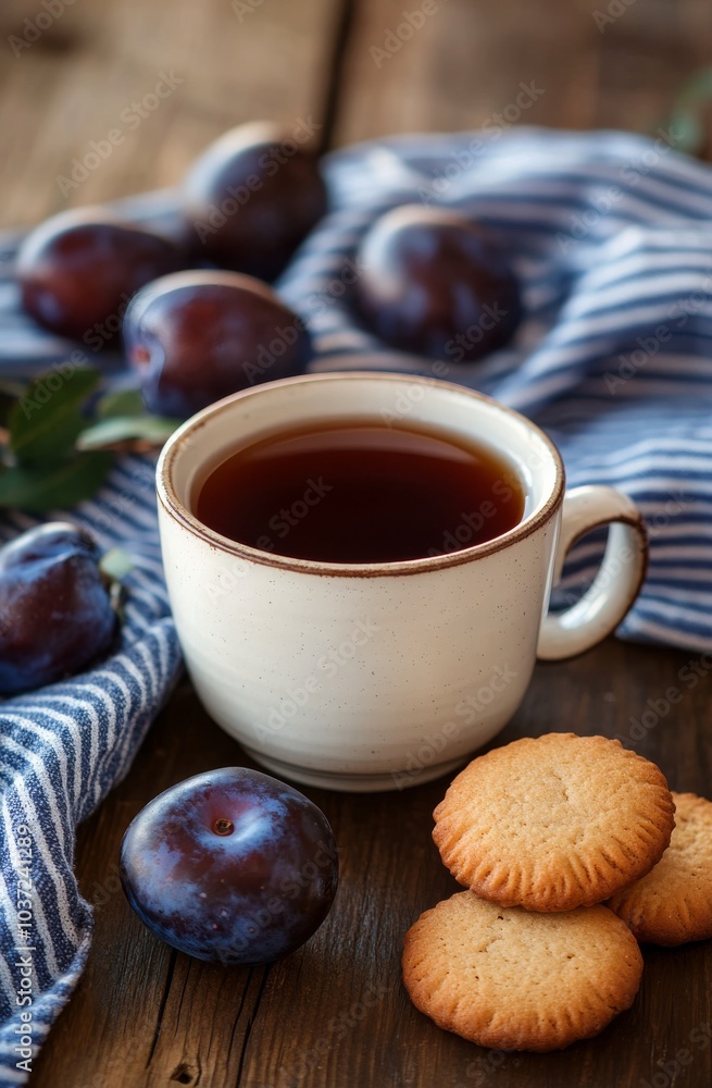 Cozy tea time with plums and cookies on a rustic wooden table in warm afternoon light Cozy tea time with plums and cookies on a rustic wooden table in warm afternoon light