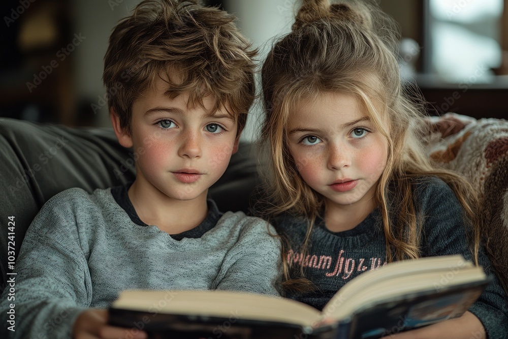 Two children reading a book together on a cozy couch. Two children reading a book together on a cozy couch.