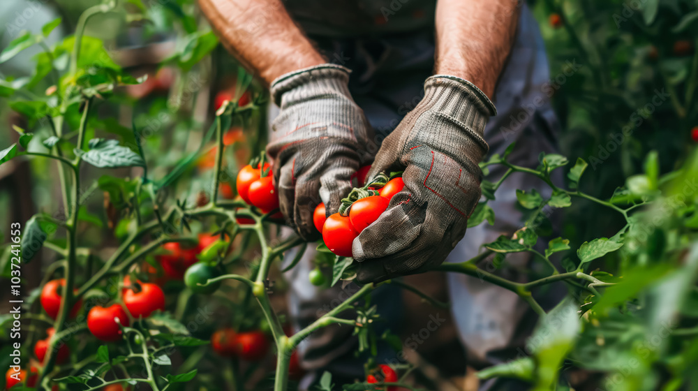 Man is holding a bunch of ripe tomatoes. The tomatoes are red and appear to be ready for harvest Man is holding a bunch of ripe tomatoes. The tomatoes are red and appear to be ready for harvest
