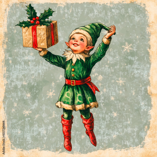 Christmas elf with gift. Vintage Christmas card.