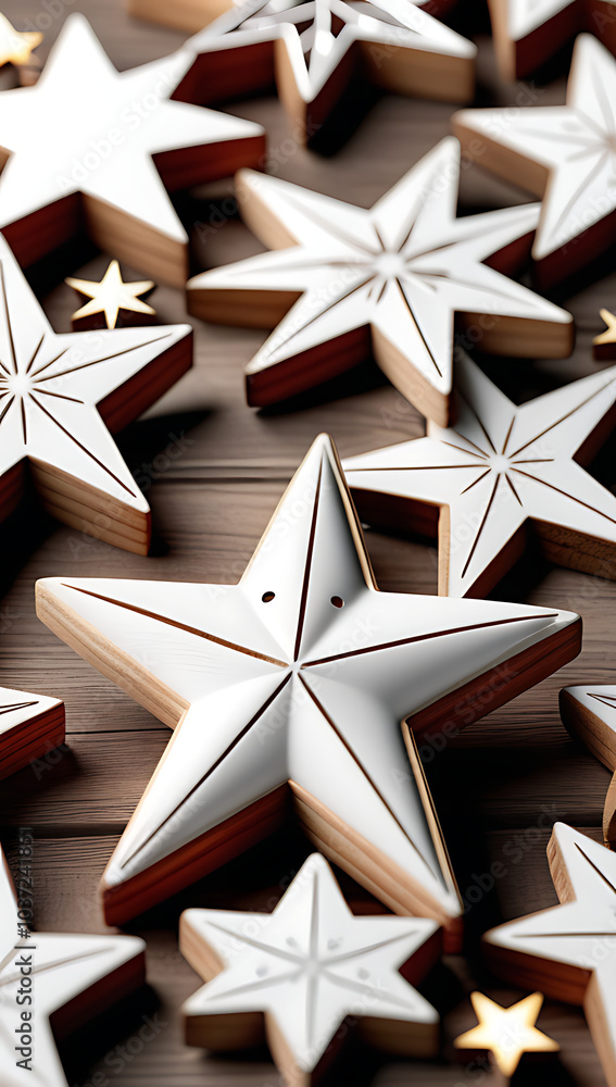 Obraz premium wooden decorations stars white christmas theme flat lay style new year concept photography idea