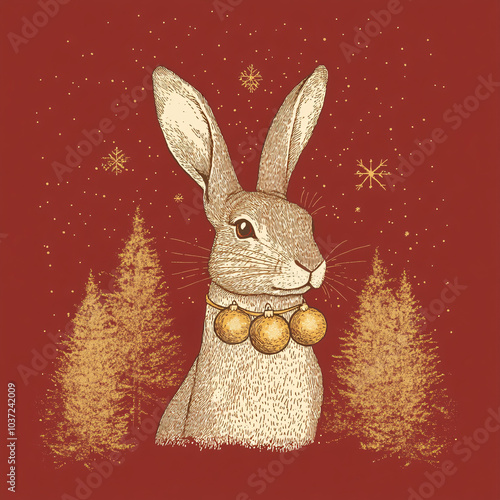 Festive Rabbit Illustration with Holiday Lights and Forest Background, Perfect for Whimsical Christmas or Holiday-Themed Projects and Designs photo