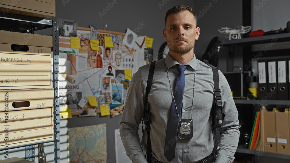 A confident hispanic male detective stands in a police station office, surrounded by investigation files and crime evidence. A confident hispanic male detective stands in a police station office, surrounded by investigation files and crime evidence.