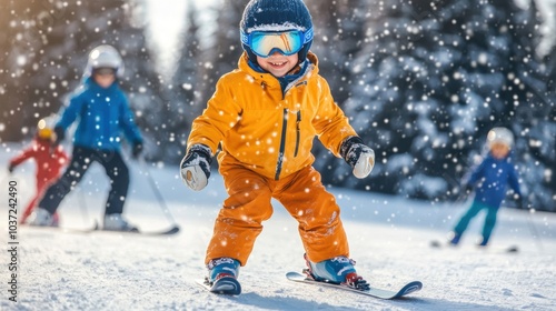 A child skiing joyfully in sunny snowy landscapes with friends on a winter day during a skiing lesson in the mountains photo